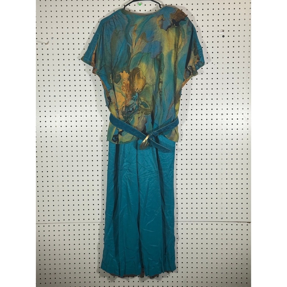 Vintage In Group Ltd 3 Piece Set Abstract Floral Teal Rayon Pants Top Belt 12